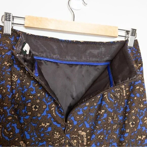 J Crew Womens Size 2 Pencil Skirt Blue Brown Print Cotton Slit Mini Wear to Work - Picture 5 of 8